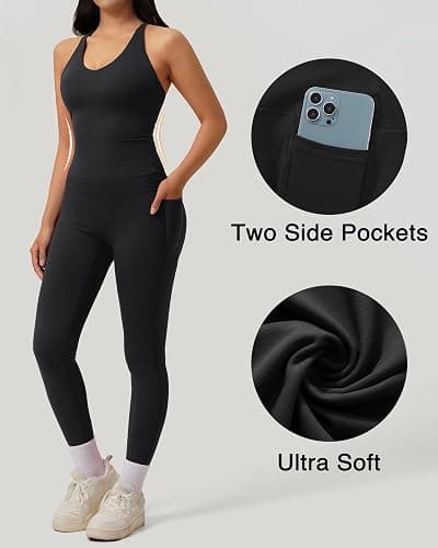RXRXCOCO Backless Gym Set V Neck Tank Top Booty Leggings with Pockets Workout Set for Women 2 Piece Yoga Gym Outfit thumbnail 3