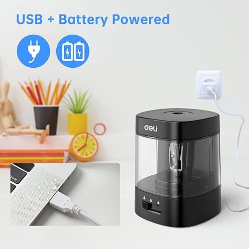 Deli Electric Pencil Sharpener, Automatic Pencil Sharpeners for No.2 Pencils Colored Pencils, USB & Battery Operated Pencil Sharpener for Kids, School, Home, Office, Classroom, Black thumbnail 6