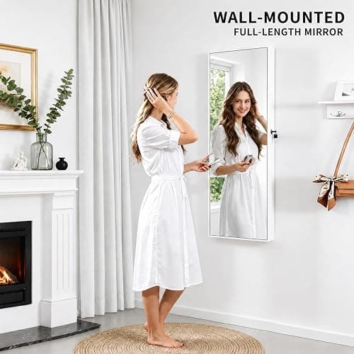 AnSafity Lockable Jewelry Cabinet Organizer with Full Length Mirror, 6 Auto LED Lights, Wall & Over Door Mount Jewelry Armoire with Earring Slots, Necklace Hooks, Foldable Makeup Shelf thumbnail 2