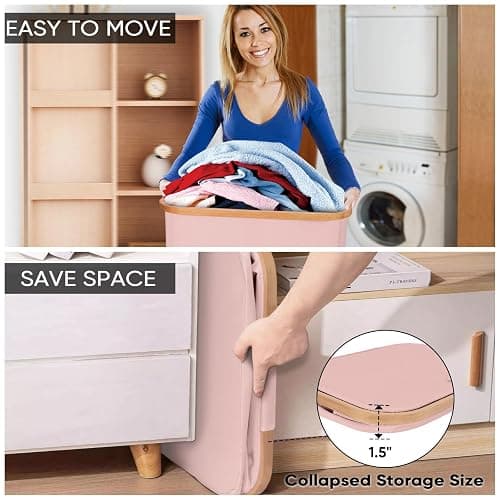 BALEINE Laundry Hamper with Lid, Tall Laundry Baskets with Bamboo Pull Handles, Large Laundry Bin with Internal Support (26 Gal/100L, Pink) thumbnail 5