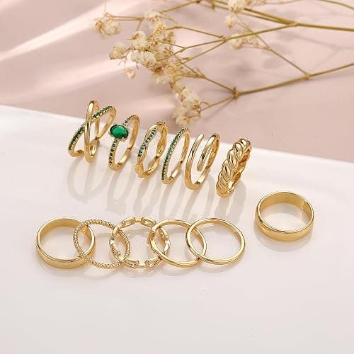 FAXHION 12 PCS Dainty 14K Gold Rings for Women, Eternity Open Chunky Twist Simulated Diamond Criss Cross Designs, Non Tarnish Gold Plated Stacking Thumb Ring, Perfect for Wedding Bands Size 5-11 thumbnail 3
