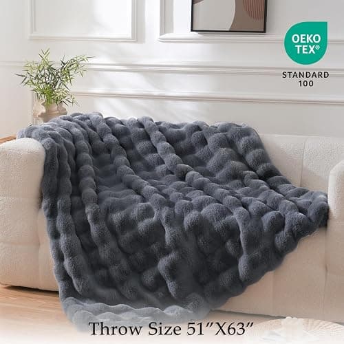 BENVWE Faux Fur Throw Blanket for Couch - Fluffy Soft Thick Bubble Blanket for Living Room Home Decor - Mothers Day Birthday Gifts for Women, Grey, 51" x 63" thumbnail 2