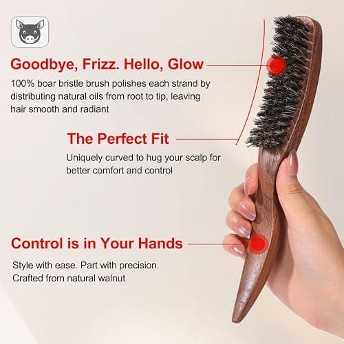 PERFEHAIR Slick Back Hair Brush for Women, Men | Natural Curved Boar Bristle Smoothing Shine Brush for Thin & Fine Hair & Beard | Achieve Sleek, Polished Styles & Tame Flyaways thumbnail 2