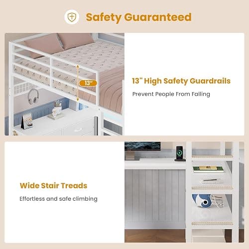 ADORNEVE Loft Bed Full Size with U-Shaped Desk, 6 Storage Drawers, Power Outlet, LED Metal Loft Bed with 2 Storage Shelves, Bed with Safety Guardrail & Ladders,Space-Saving,White thumbnail 6