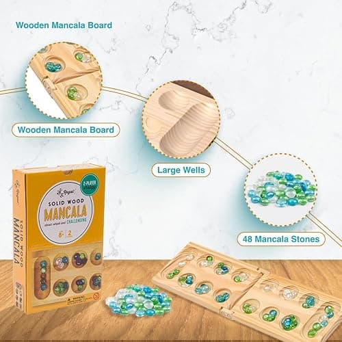 Regal Games Mancala Board Game - Fun Classic Table Game with Wooden Board for Adults & Kids - 48 Glass Mancala Beads & 2 Player Games - Ideal for Family Game Night, Travel (Ages 8+) thumbnail 4