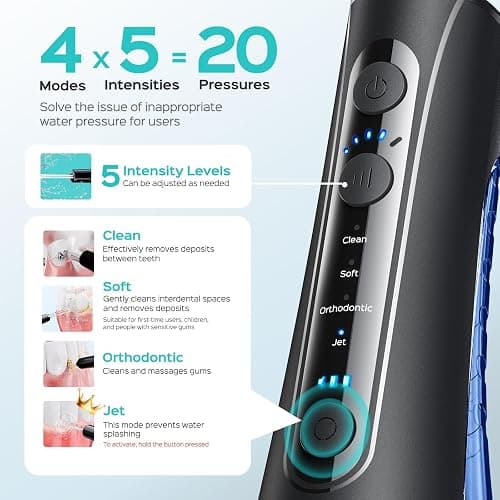 COSLUS C50 Water Flosser for Teeth: 4 Modes & 5 Intensities Water Dental Pick with MDL Accepted for Orthodontic, Braces & Gums Care - Portable for Travel, 4 Tips for Family Use, BPA-Free, Black thumbnail 3