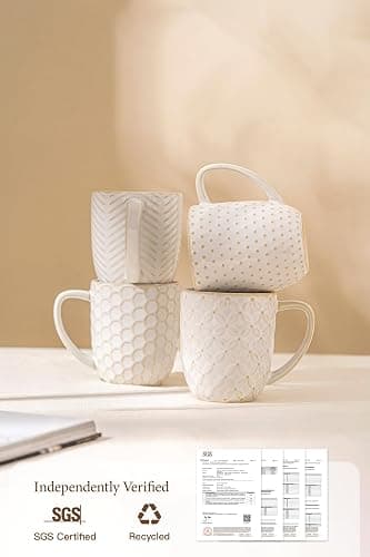 FOBENTA Ceramic Coffee Mugs Set of 4, 12oz Embossed Cups with Elegant Patterns – A Thoughtful Gift for Women, Mom, or Friends,Perfect for Tea, Latte, Cocoa (Arctic White, 12 OZ) thumbnail 4