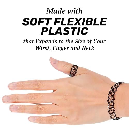 BodyJ4You 3PC Tattoo Choker Set Necklace Bracelet Ring - 90s Necklace 2000s Y2K Fashion Vintage - Stretchy Elastic Neck Lace Women's - Gothic Black Multicolor Rainbow - Classic Fashion Trend thumbnail 4