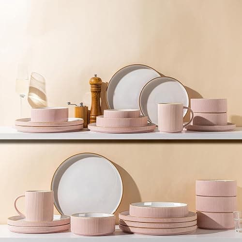 GBHOME Stoneware Dinnerware Sets for 4, 12 Pieces Plates and Bowls Set | Lightweight Ceramic Ribbed Dishes, Reactive Glaze Stackable Plate Set, Scratch Resistant, Microwave & Dishwasher Safe, Pink thumbnail 7