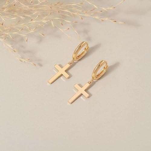 Gold Dangle Drop Hoop Earrings for Women Men Gold Plated Dainty Earrings Hypoallergenic Star Cross Huggie Hoops Jewelry for Everyday Wear thumbnail 3