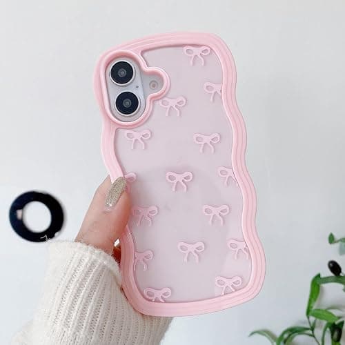 QLTYPRI Bow Case for iPhone 16, Clear Cute Ribbon Bow Phone Case Curly Wavy Aesthetic Phone Case, Slim Soft Transparent Shockproof Protective Cover for Women Girls - Pink - Image 1