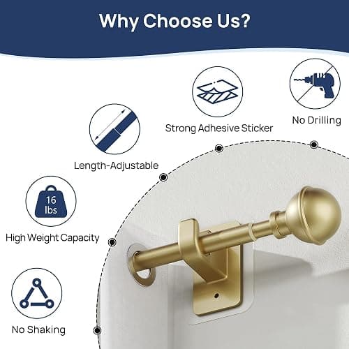 ENJOYBASICS No Drill Curtain Rods for Window 48 to 84 Inches, 5/8 Inch Diameter Renter Friendly Drapery Rod with Adhesive Brackets without Drilling, Adjustable from 27 to 90 Inches, Gold thumbnail 2