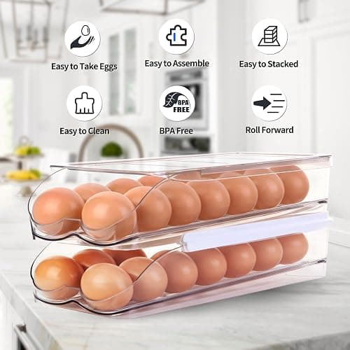 RoskDeewat Egg Holder for Fridge, Automatic Rolling Egg Container for Refrigerator, Stackable Fridge Organizers and Storage with Lid, Clear Plastic Egg Dispenser & Tray (2 Tier) thumbnail 7
