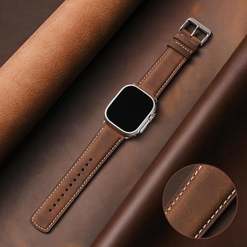 SUNFWR Leather Bands Compatible with Apple Watch Band 49mm 45mm 44mm 42mm for Men Women, Genuine Leather Replacement Strap for iWatch Ultra 2, Ultra, SE2, SE, Series 9 8 7 6 5 4 3 2 1 (Red thumbnail 2