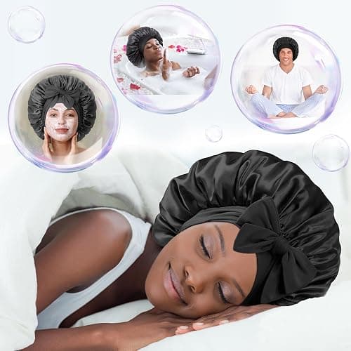 Double Layered Silk Satin Bonnet with Tie for Sleeping Black Women, Wide Band Large Hair Wrap Sleep Cap for Curly Hair Braid thumbnail 7