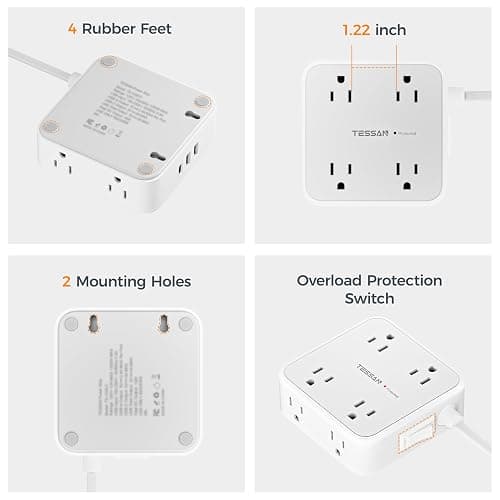 TESSAN Surge Protector Power Strip, 5 Ft Flat Plug Extension Cord with 3 USB (1 USB C) 8 Outlets, 1250W, 900J Protection, 3 Sided Outlet Extender with Power Switch for Office, Dorm Room Essentials thumbnail 7