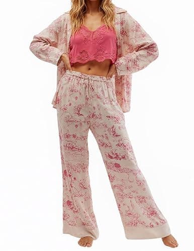 AINAC Women Satin Pajamas Set 2 Piece Western Cowgirl Silk Pjs Long Sleeve Floral Pjs Wide Leg Pants Button Down Loungewear thumbnail 6