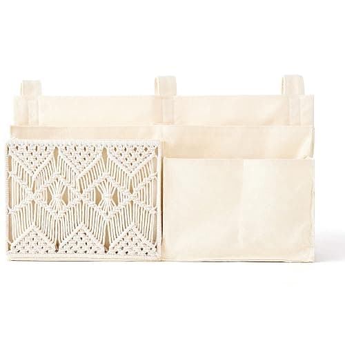 Mkono Bedside Caddy, Macrame Bunk Bed Hanging Organizer, 7 Pockets Ivory | Dorm Room Essentials, Boho Storage Bag, Remote Books Magazines Phone Snacks Drinks Holder, Bedroom Nursery Loft Baby Bed Rail thumbnail 9