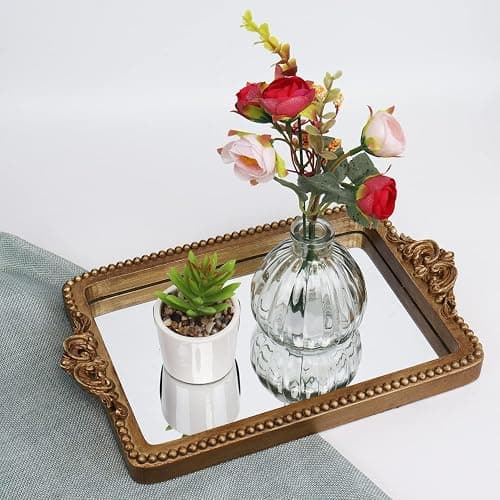 Hanna Roberts Vintage Gold Tray with Mirror Glass Base | Card Holder for Guests During Occasions and Events or Decorative Home and Vanity Organizer (Gold) thumbnail 7