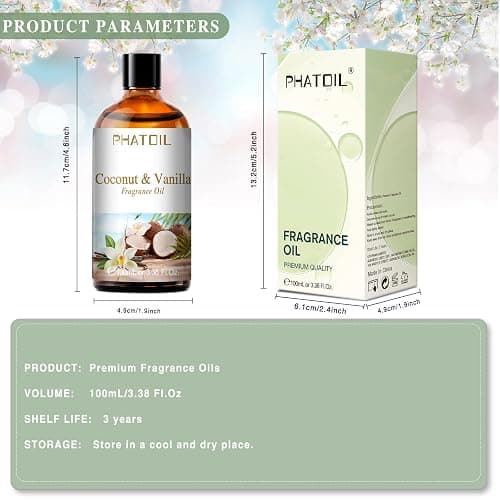 PHATOIL 3.38FL.OZ Coconut & Vanilla Fragrance Oils for Aromatherapy, Essential Oils for Diffusers for Home, Perfect for Diffuser, Yoga, DIY Candle and Soap Making - 100ml thumbnail 6