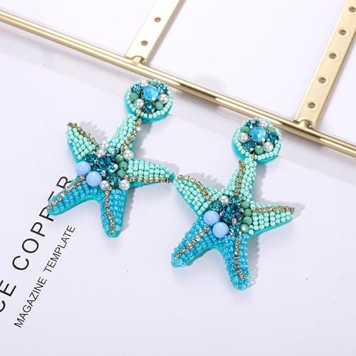 Beaded Starfish Earrings for Women Hypoallergenic Boho Cute Pearl Rhinestone Bead Starfish Dangle Drop Earrings Spring Summer Beach Rattan Shell Embellished Round Dangling Earrings Fun Handmade Beach Vacation Earrings Fashion Jewelry Accessories Gift thumbnail 3