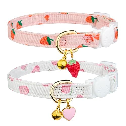2 Pack Cotton Breakaway Cat Collar Pink Strawberries and White Heart Shaped Pendant Cute Kitten Cat Collar with Bell - Image 1