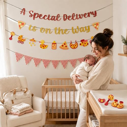 NOVBAUB Pizza Baby Shower Decorations Special Delivery is On The Way Banner | 4PCS Pizza Special Delivery Baby Shower Garland, Pre-Assembly, Gender Reveal Party Supplies, Fast Food Theme thumbnail 2