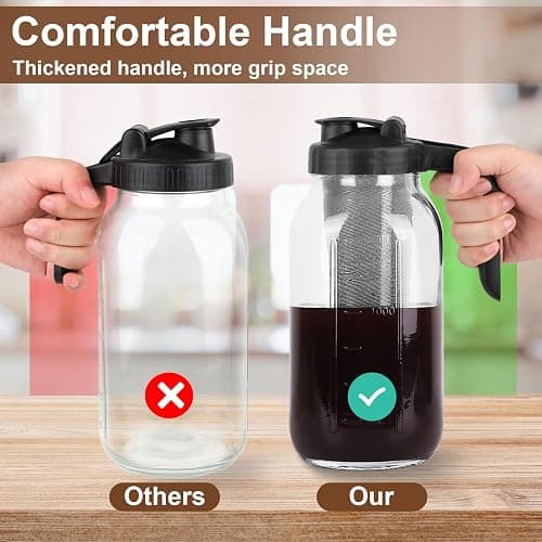 Cold Brew Coffee Maker Pitcher, 64 Oz Heavy Duty Glass Mason Jar Pitcher with V-shaped Pour Spout Handle Lid,Stainless Steel Filter for Iced Coffee,Iced tea,Fruit Drinks,lemonade - Black thumbnail 4