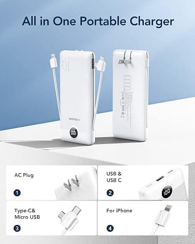 VEGER Portable Charger for iPhone Built in Cables and Wall Plug, 10000mah Slim Fast Charging USB C Power Bank, Travel Essential Battery Pack Compatible with iPhones, iPad, Samsung More Devices(White) thumbnail 2