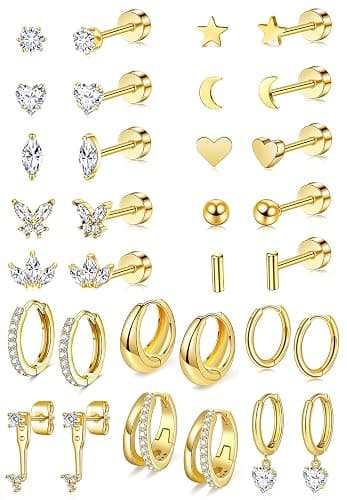 14K Gold Plated Flat Back Earrings & Hoops Set - 16 Pairs Hypoallergenic Cartilage Studs & Mini Hoops for Women | Threadless Push-in Design, Tiny Star, Moon, Heart, CZ Studs & Chunky Hoops - Image 1