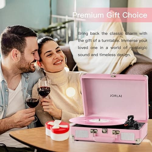 JORLAI Pink Vinyl Record Player 3 Speeds Portable Suitcase Turntable with Built-in Dual Speakers, Bluetooth Gramophone with Built-in Battery 3.5mm Aux Input/RCA Output thumbnail 7