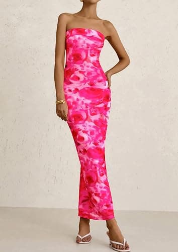 PRETTYGARDEN Womens Summer Printed Tube Maxi Dress Strapless Bodycon Sleeveless Long Beach Vacation Dresses thumbnail 5