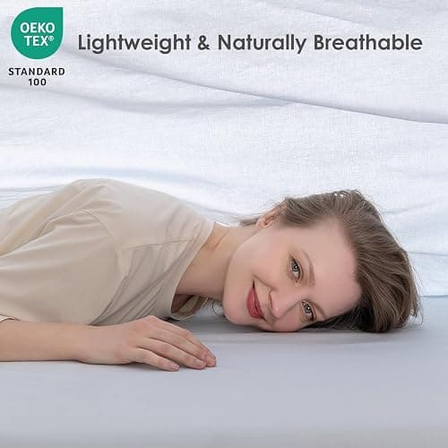 Yibeizi Light Blue 100% Washed Cotton Linen Feel Sheet Set Full Size, 4 Pieces Deep Pocket Bed Sheets Soft Breathable Hotel Bedsheets thumbnail 4