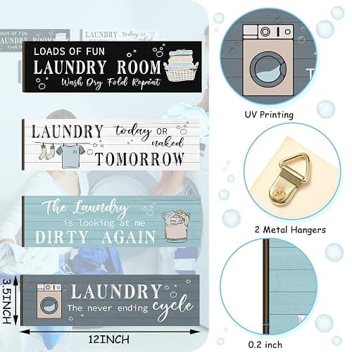 Laundry Room Wooden Funny Sign Wall Plaque Rustic Farmhouse Vintage Bathroom Laundry Rules Hanging Decor, 4 Pieces (Multi Color) thumbnail 3