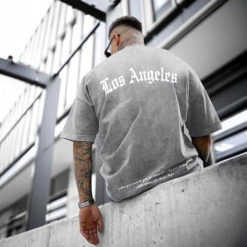 Bobeutou Oversized Graphic Tshirts for Men Los Angeles Vintage Tees Streetwear Acid Wash Baggy Cool Shirts Casual Tops thumbnail 3