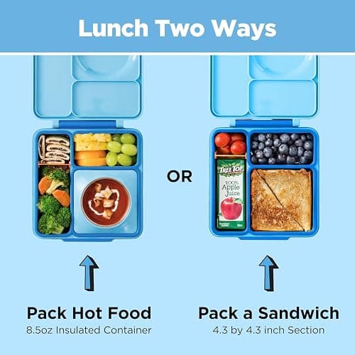 OmieBox Bento Box for Kids - Insulated Bento Lunch Box with Leak Proof Vacuum Insulated Food Jar - 3 Compartments, Two Temperature Zones (Blue Sky) thumbnail 11