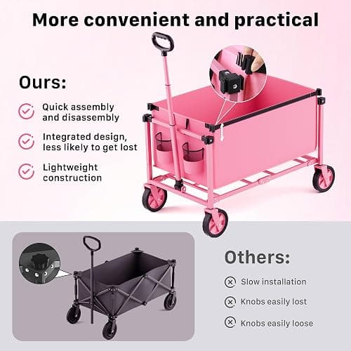 Hombetta Collapsible Wagon Cart with Wheels, 150L Lightweight Foldable Utility Cart, Portable Rolling Wagon for Garden, Shopping, Sports, Camping, Transport, Pink thumbnail 5