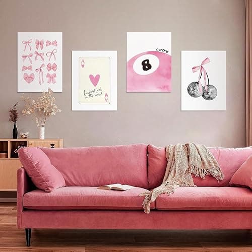 Lidy 4 PCS Pink Bow Disco Cherry and 8 Ball Lucky Aesthetic Decor Poster Wall Art Decor Canvas Poster Gifts for College Girly Preppy Dorm Room Coquette Pink Decor 8x12 inch (20x30cm Unframed) thumbnail 3
