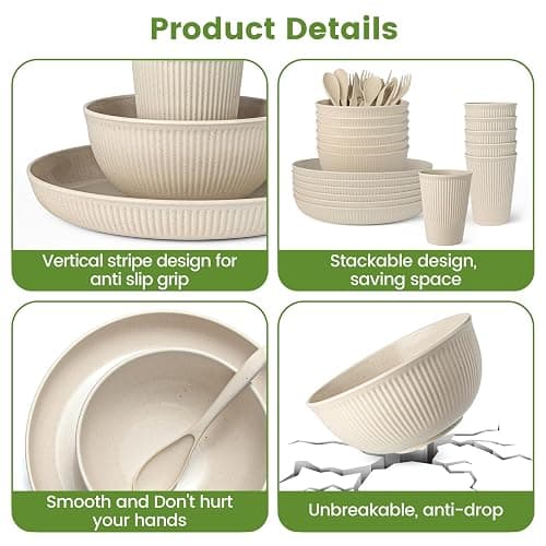 36-Piece Reusable Wheat Straw Dinnerware Sets for 6, Farielyn-X Unbreakable Reusable Set Kitchen Cups, Plates, Bowls Sets & Cultery Dishwasher Microwave Safe - Patio, Outdoors, RV, Camping Dishes thumbnail 6