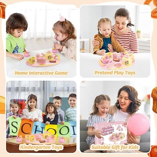 Tea Party Set Wooden Tea Sets for Toddlers 3-5 Play Food Pretend Play Toys Kids Tea Set for Girls 6-8 Birthday Gift Wooden Tea Party Set for Little Girls 3 4 5 6 Years Old Outdoor Tea Time Game thumbnail 8