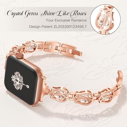 Maledan Rose Diamond Metal Bands Compatible with Apple Watch Series 11/10/9/8/7/6/5/4/3/2/SE/Ultra Women, Stylish Bling Jewelry Bracelet Replacement Bands for iWatch 38mm 40mm 41mm 42mm 44mm 45mm 46mm thumbnail 3