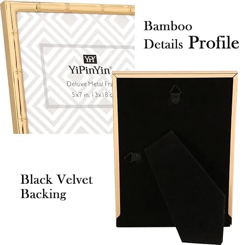 YiPinYin 8x10'' Bamboo Detail Gold Metal Picture Frame with Acid Free Mat for 5x7'' Set of 2,Narrow Gold Plated Photo Frames 5 x7'' With Soft Touch Velvet Backing for Desktop and Wall Décor thumbnail 5