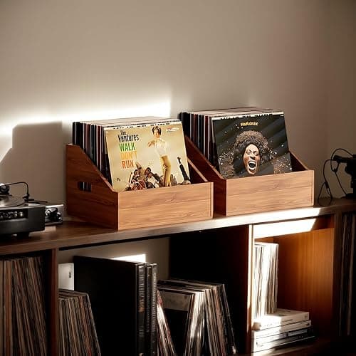 Vecxoty Wood Vinyl Record Storage, Retro & Durable Vinyl Crate and Record Holder, Album Storage Record Case Box for 60+ Records, Perfect Record Organizer for Home Decor and Collection Display(Brown) thumbnail 2