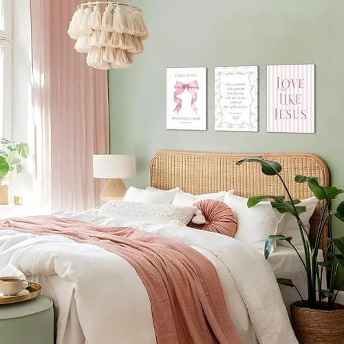Coquette Pink Bow Wall Art Set of 3, Light Pink Christian Wall Decor Pictures, Jesus Verses Bible Canvas Posters Paintings Preppy Prints for Teen Girls Dorm 12 Year Old Girl Room 12x16 Inch Framed thumbnail 2