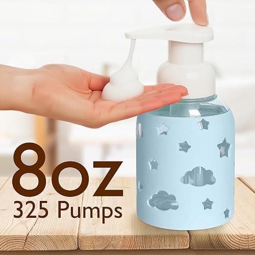 SoCal Suds & Company Foaming Hand Soap Dispenser Glass, Light Blue, 8oz | Liquid Soap Pump w/ Heart Silicone Sleeve, Refillable Bottle for Kids, Baby Wash & Shampoo, Ideal for Bathroom & Kitchen Use thumbnail 6