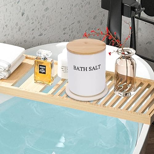 Qinpufu 64 oz Bath Salt Jar Set, Ceramic Bath Salt Container with Scoop & Mat, Epsom Salt Storage with Airtight Wooden Lid, Modern Minimalist Bathtub Accessories for Women Bathtub Decor, White thumbnail 6