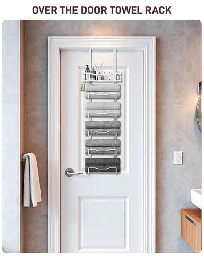 Aetyord Hanging Towel Racks for Bathroom No Drill - Over The Door 6-Tier Bath Towel Storage Organizer for Small Bathrooms - Back Door Large Tiered Towel Holder Hanger for Rolled Towels RV Camper White | 6-Tier Over The Door Bath Towel Storage Organizer with Metal Shelf Basket for Small Bathrooms RV Camper White thumbnail 3