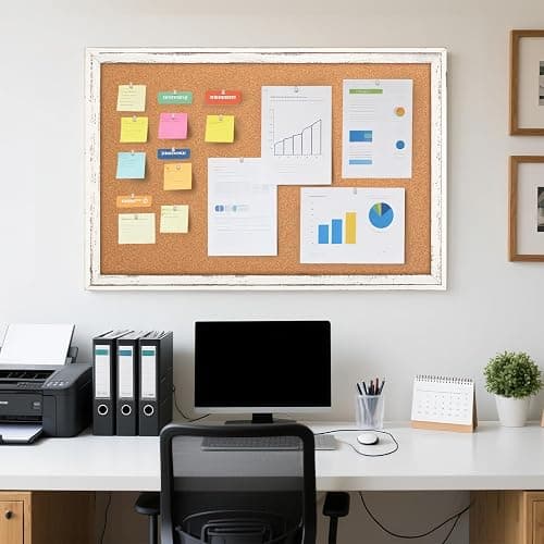 QUEENLINK Cork Board Bulletin Board, 36" x 24" Corkboard for Wall, Rustic White Wooden Frame, Hanging Pin Board for Home & Office Decor, 10 Push Pins thumbnail 7