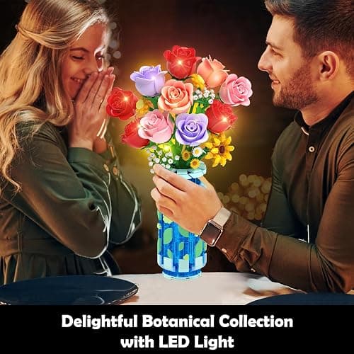 CUBIMANA Roses Flowers Building Set with Vase & LED Light, Mother's Day 16 Mini Flowers Bouquet Botanical Building Blocks Toy, Birthday Gifts for Adults, Artificial Flowers for Home Decor & Display thumbnail 2