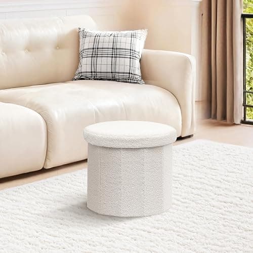 PINPLUS Round Storage Ottoman Cube Footrest - Versatile Boucle & Faux Teddy Fur Stool with Hidden Compartment for Living Room, Dorm, Bedroom White, 15"x15"x13.2" thumbnail 7